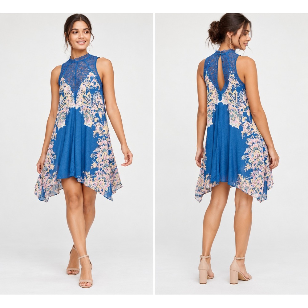 Intimately Free People Marsha Lace Slip Dress Blue Floral Mini Small Unlined